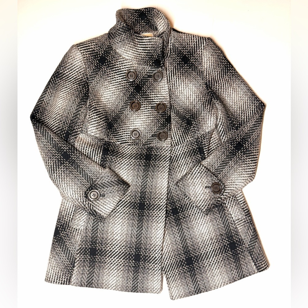 Michael Kors Women's Wool Blend Plaid Peacoat Black / Gray Size- 10